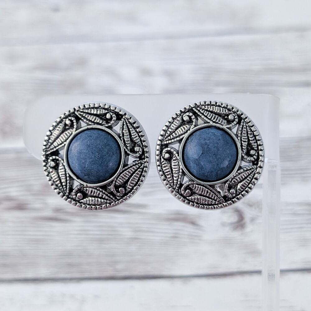 Vintage Clip On Earrings Blue with Silver Tone Leaf Design Halo Statement